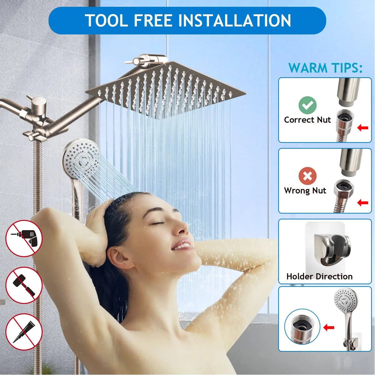 Showerhead Set | 8/10 Inch | 5 Modes | Wall Mounted With Extension Arm