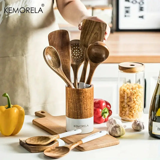 KEMORELA 9PCS Acacia Wooden Cooking Utensils Wooden Spoons for Kitchen with Utensils Holder and Rest Spatula Slotted Spoon from PriceLows™
