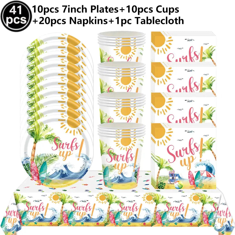 Surf Beach Party Tableware | Paper Plates Napkins Cups | Tattoos And Snack Tray