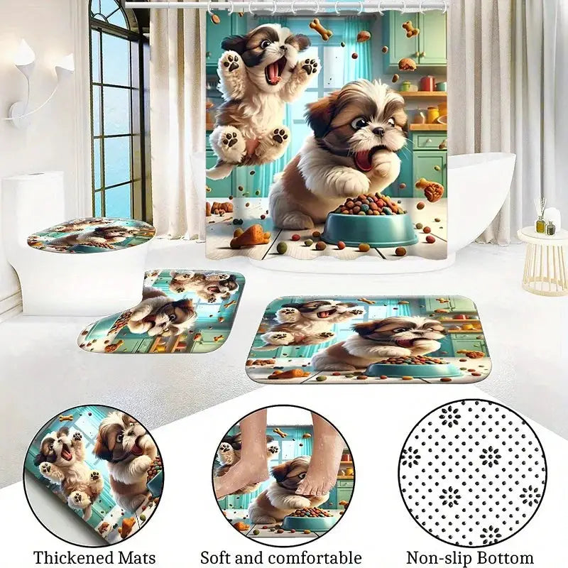 4 Piece Funny Puppy Dog Shower Curtain Set - Cartoon Pet Bathroom Decor with Rugs - Washable Fabric Curtain and Toilet Lid Cover from PriceLows™