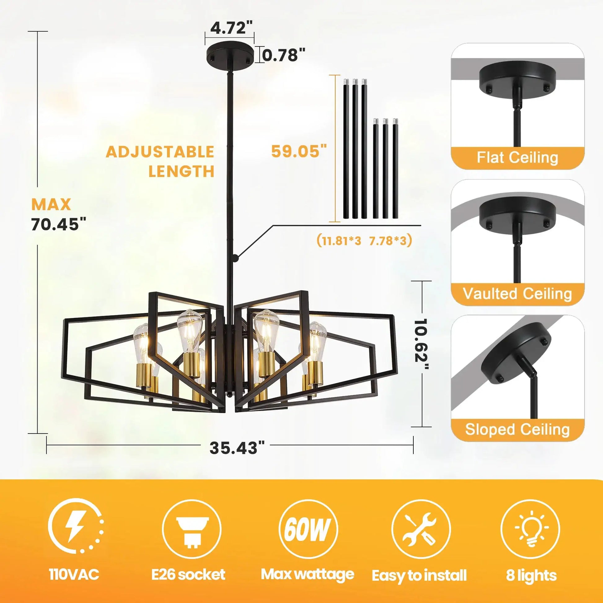 Modern 8-Light Geometric Chandelier Adjustable Height Metal Pendant Light with Black Frame & Golden Accents Ceiling Light Decor from PriceLows™