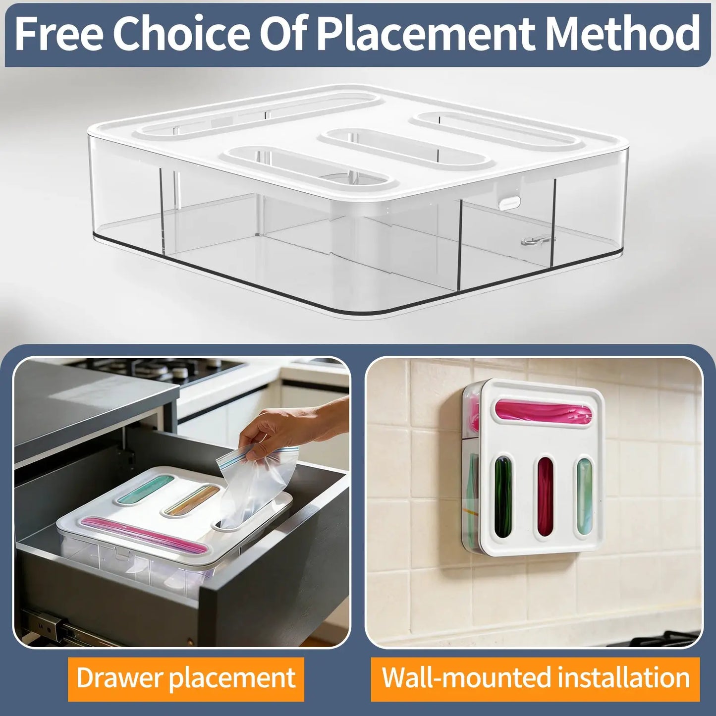Food Storage Bag Organizer | 4 Compartment Dispenser | Clear Plastic | Dispenser