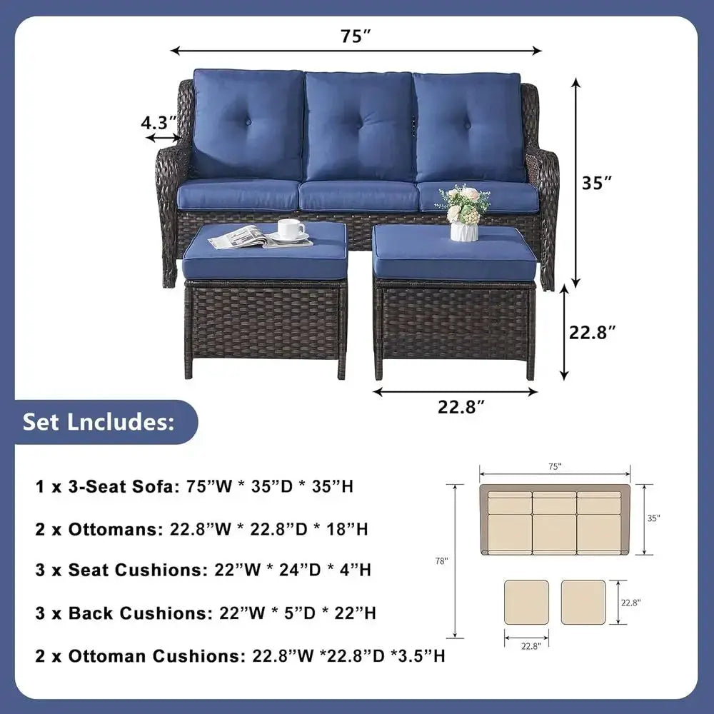 3-Piece Outdoor Wicker Patio Furniture Set with Sofa and 2 Ottomans - Rattan Garden Deck Seating (Brown/Blue) from PriceLows™