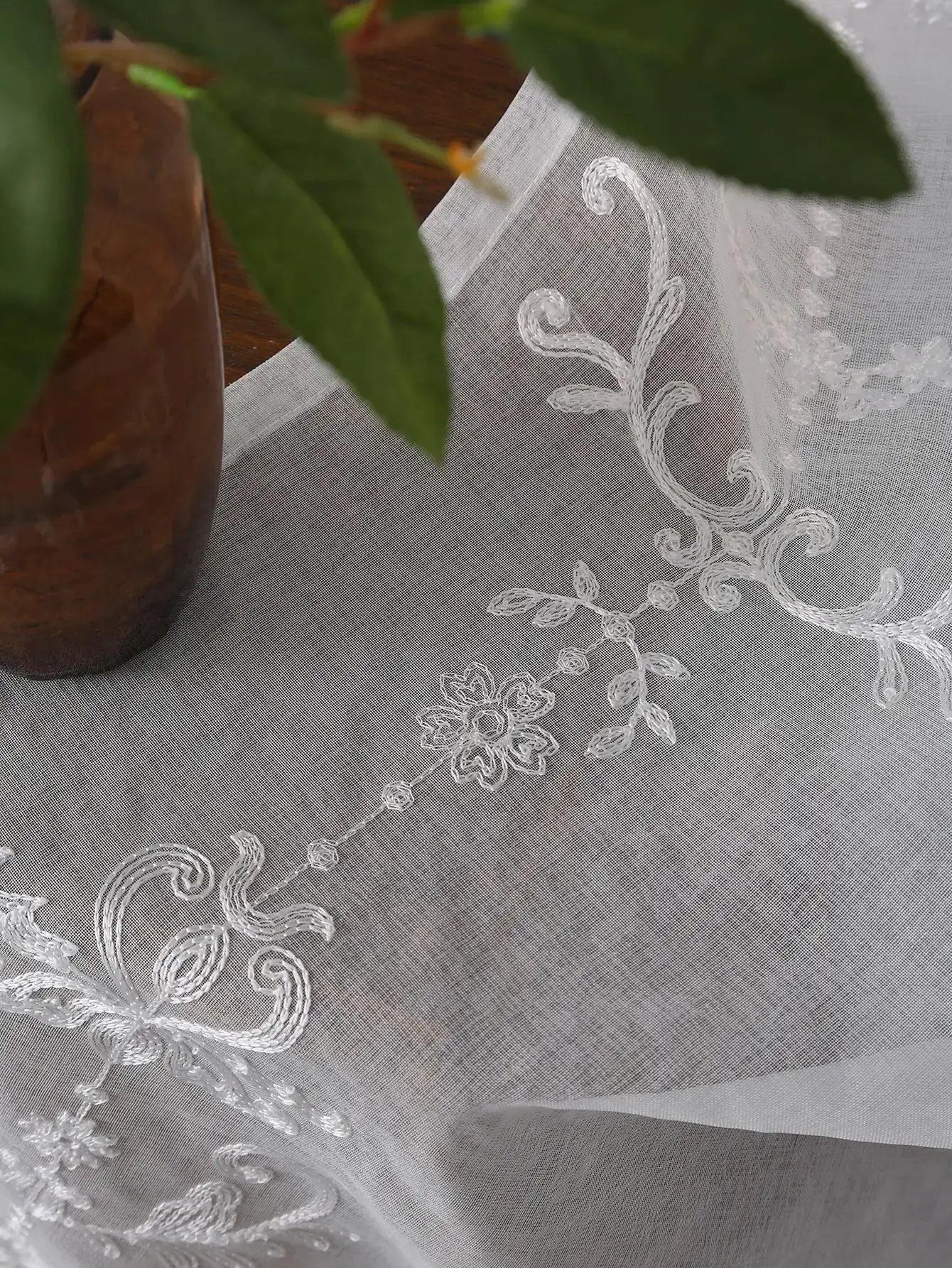 Sheer Curtains White Embroidered Floral Voile Drapes for Living room, Bedroom from PriceLows™