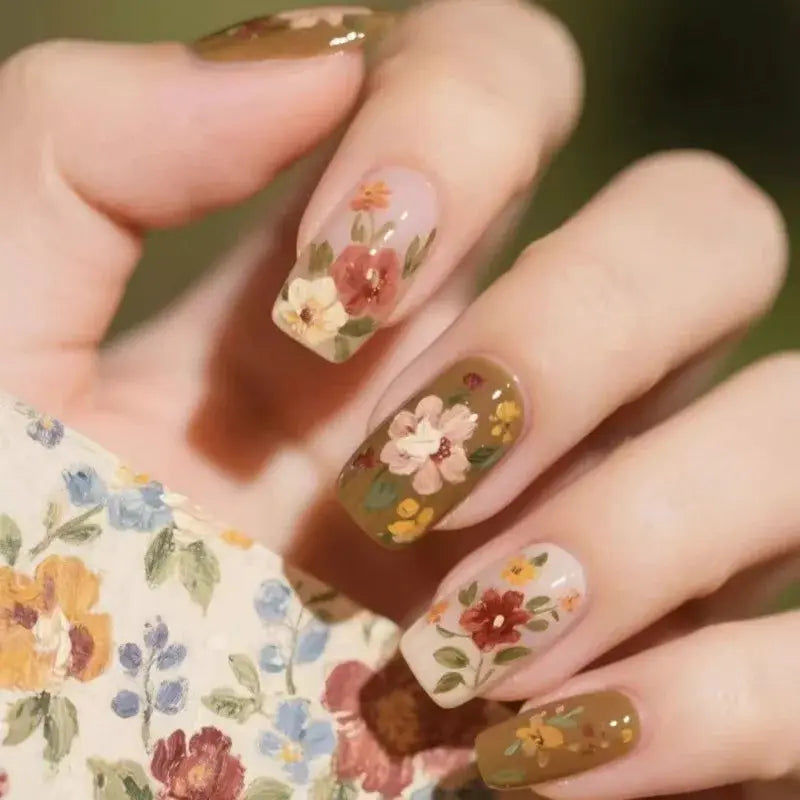 Short Almond Press On Nails | Pink Floral French | Reusable Full Cover | 24 Pcs
