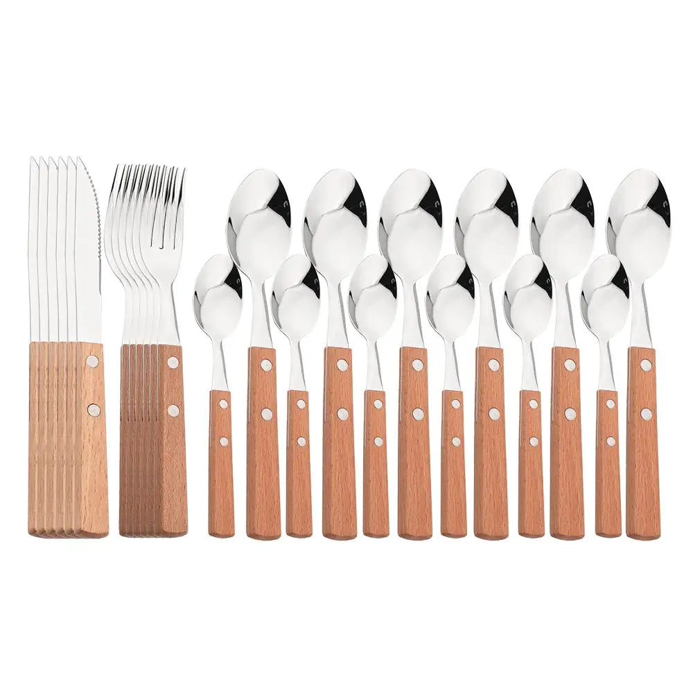 Knife Fork Teaspoon with Wooden Handle 304 Stainless Steel Cutlery Set 6/24Pcs Tableware Mirror Dinnerware Home Flatware Kitchen from PriceLows™