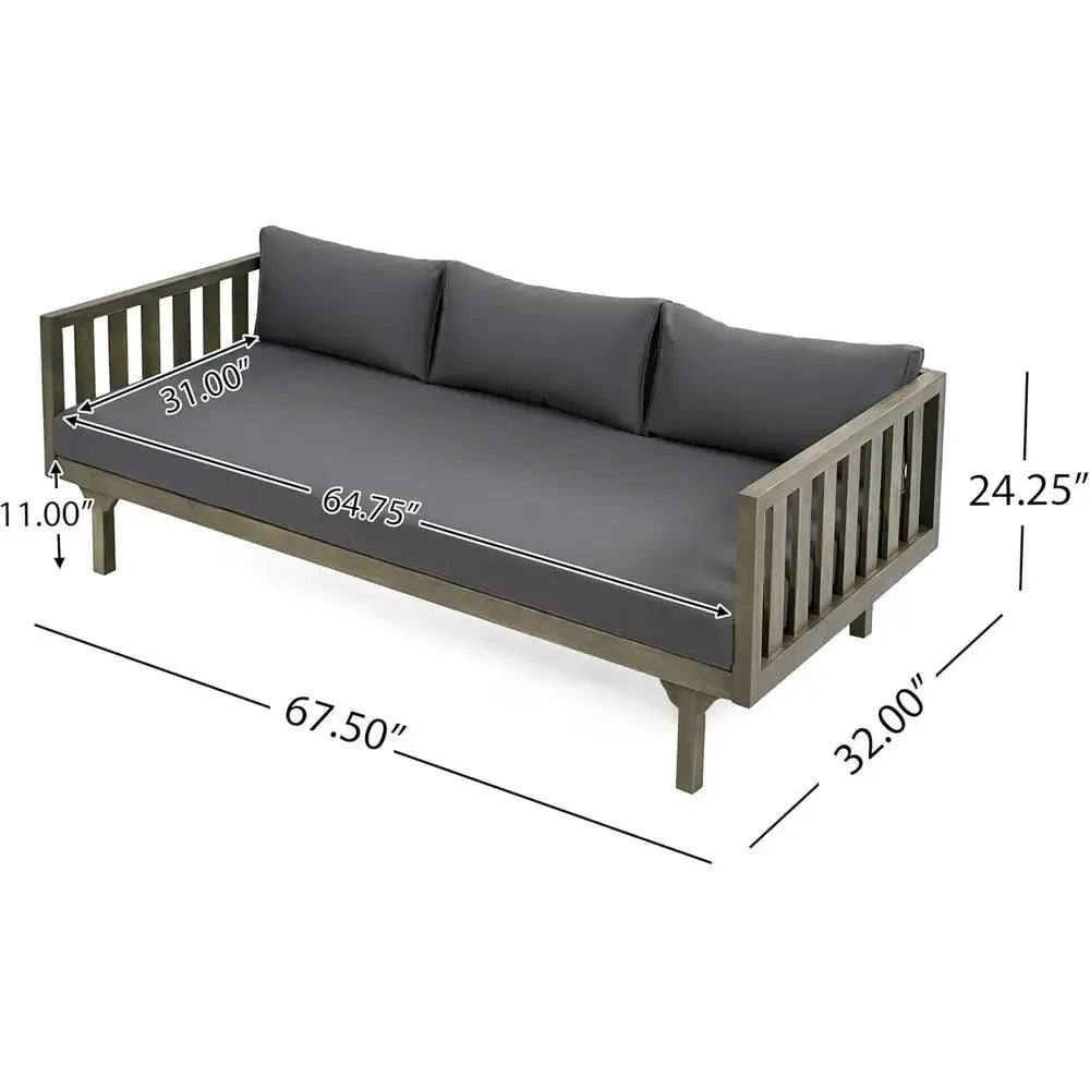 3 Seater Acacia Wood Daybed with Water-Resistant, Removable Cushions, Patio Garden Sofa, Slat Panel Armrest and Back, Grey from PriceLows™