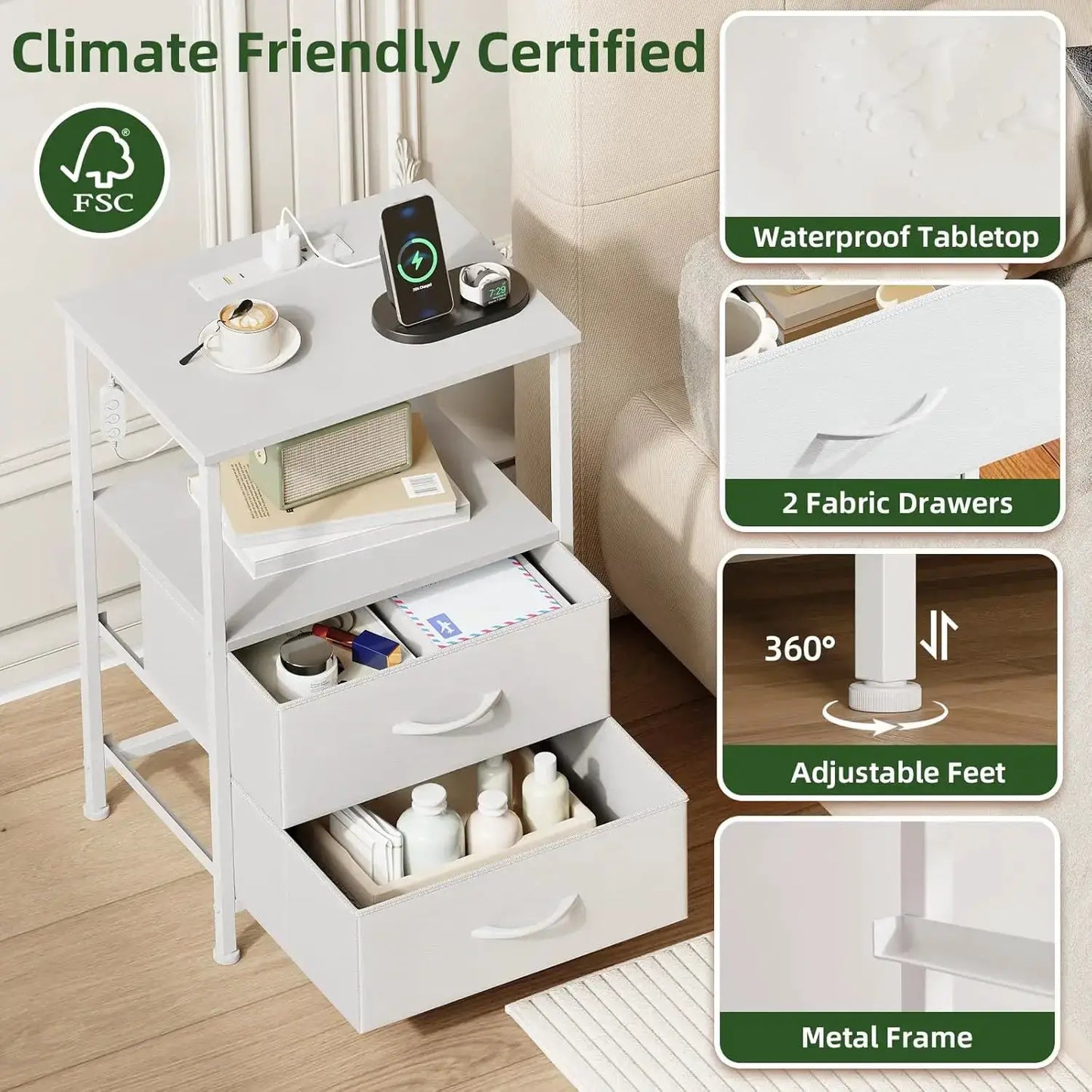 Set of 2 Nightstands with Charging Station, LED Lights, and Fabric Drawers for Bedroom in White Leather from PriceLows™