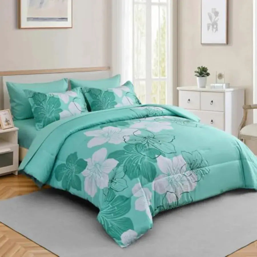 Comforter Set Size 7 Pieces Bed in a Bag, Turquoise Floral Comforter and Sheet Set, Soft Microfiber Complete Summer Bedding Set from PriceLows™