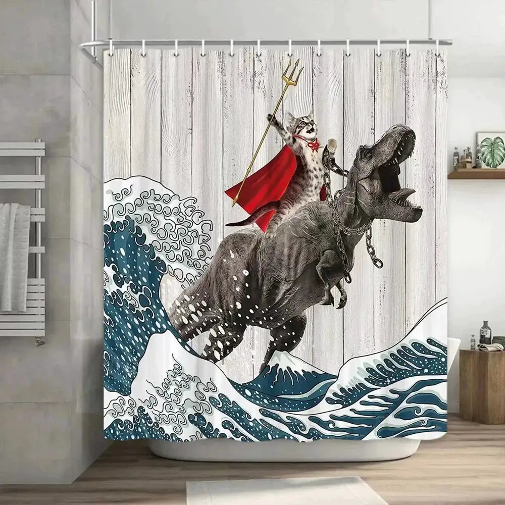 Funny Cat Shower Curtain Fun Animal in Bathtub with Fish Cloth Fabric Shower Curtain Hilarious Pet Bathroom Decor Set with Hooks from PriceLows™