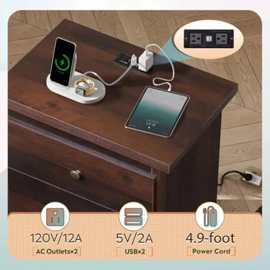 Tall Nightstand with Charging Station, Wood Night Stand with 3 Drawers Storage, Bedside Table End Side Tables with 2 USB Ports from PriceLows™