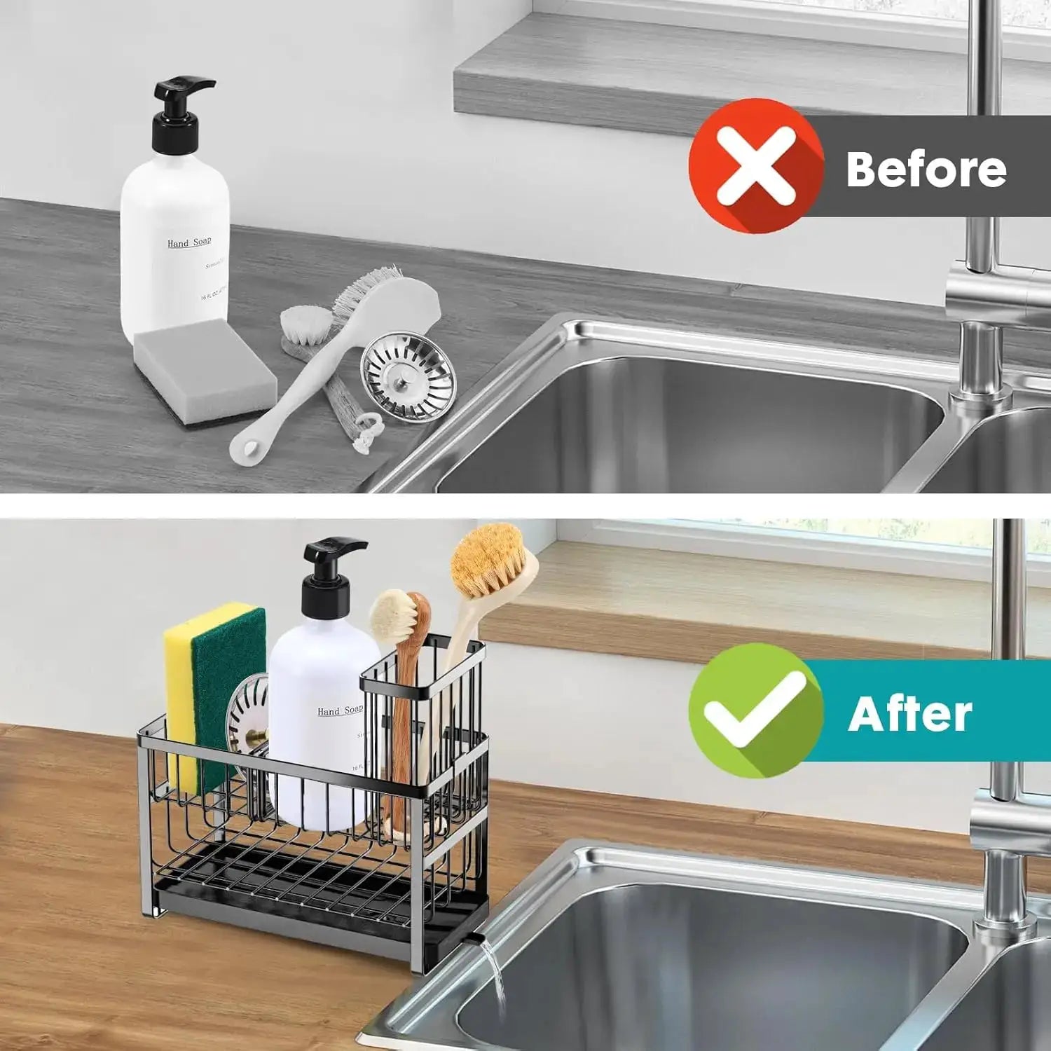 Kitchen Sponge Holder, Sink Caddy Organizer with Brush Holder, Stainless Steel Soap Tray, 2 Tier Black from PriceLows™
