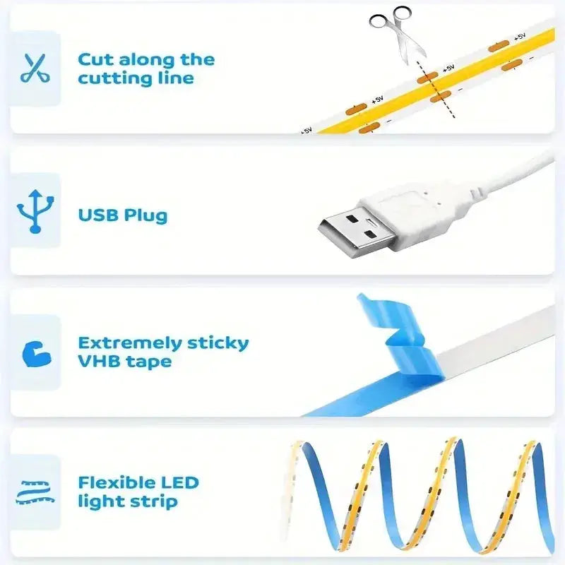 1m-5m USB COB LED Strip Light 5V 320LEDs/m DIY TV Mirror Backlight Flexible Ribbon Tape Touch Sensor Dimmable Kitchen Room Lamp from PriceLows™