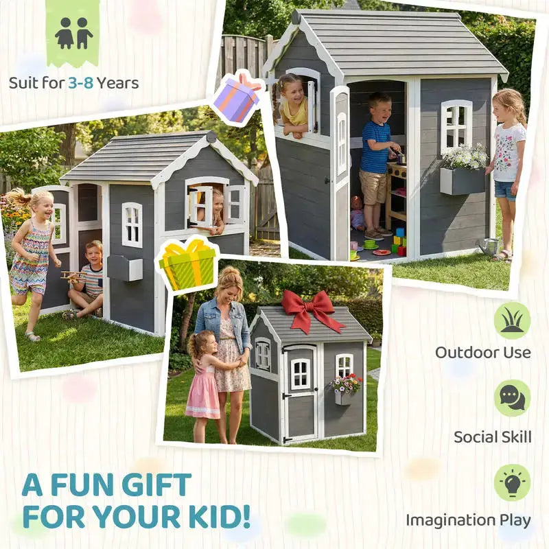 Outsunny Outdoor Wooden Playhouse for Kids with Floor, Door, Windows, Planter Box for 3-8 Years Old, Backyard, Lawn, Garden from PriceLows™