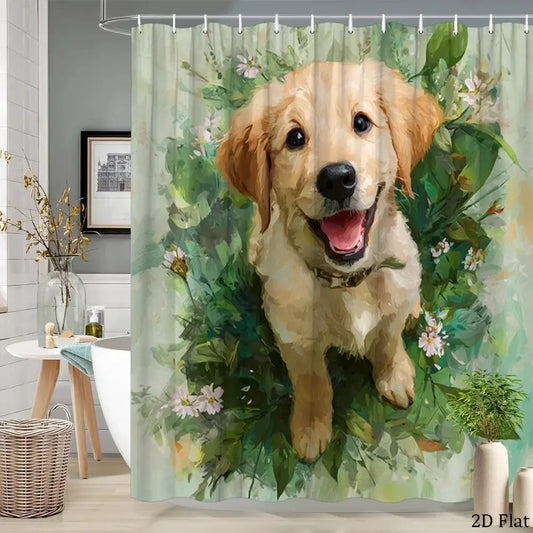 Waterproof Bathroom Shower Curtain Golden Retriever Dog Floral Watercolor Print Pet Decor Curtain 180x200cm from PriceLows™