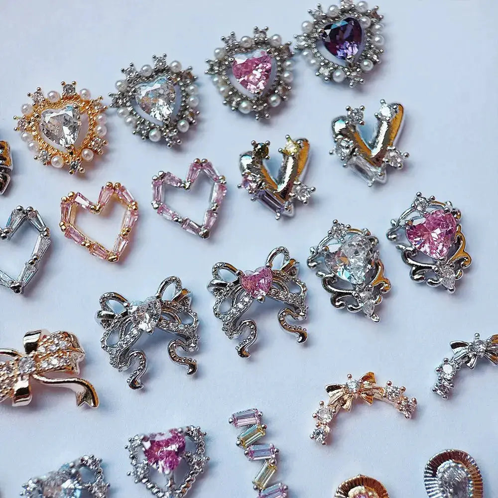 10pcs Valentine's Day Pink Love Heart Ribbon Zircon Metal Nails Jewelry Decorations Nail Art Accessories Charms Parts Supplies from PriceLows™