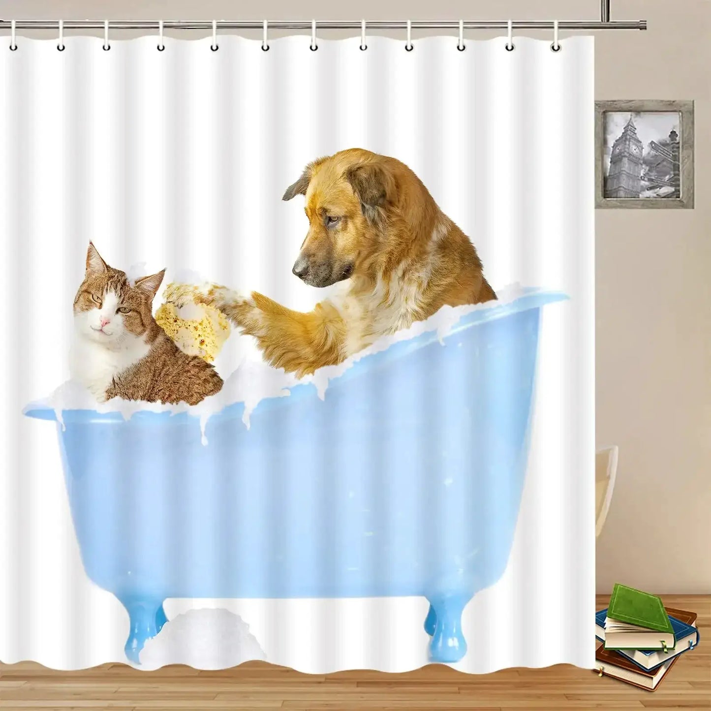 Raining Cats and Dogs Shower Curtain Funny Cartoon Cute Animal Hilarious Pets Playing Water Polyester Waterproof Bathroom Panels from PriceLows™
