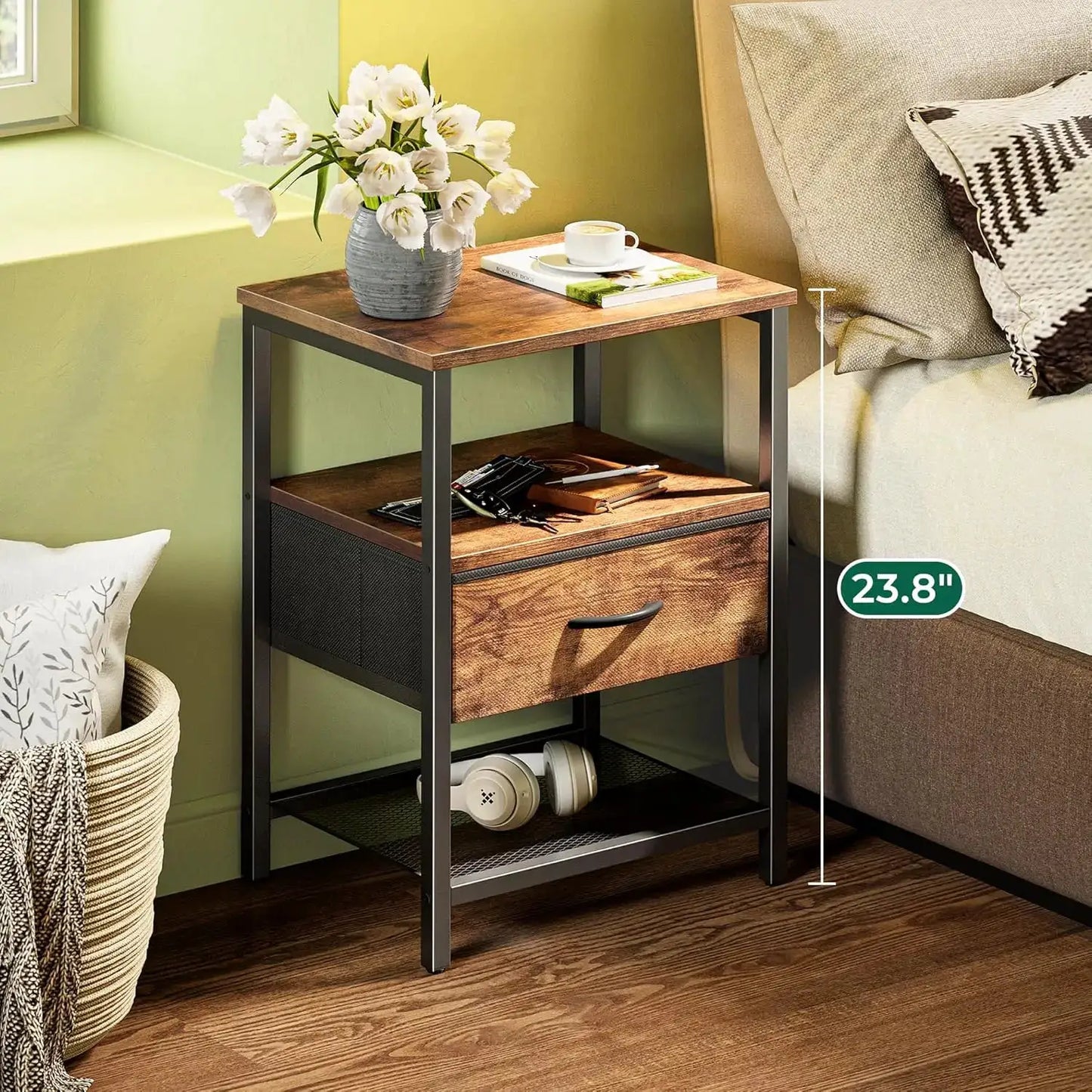 Nightstand Set of 2 with Fabric Drawer and Mesh Shelf, Side Table for Bedroom, Rustic Brown from PriceLows™