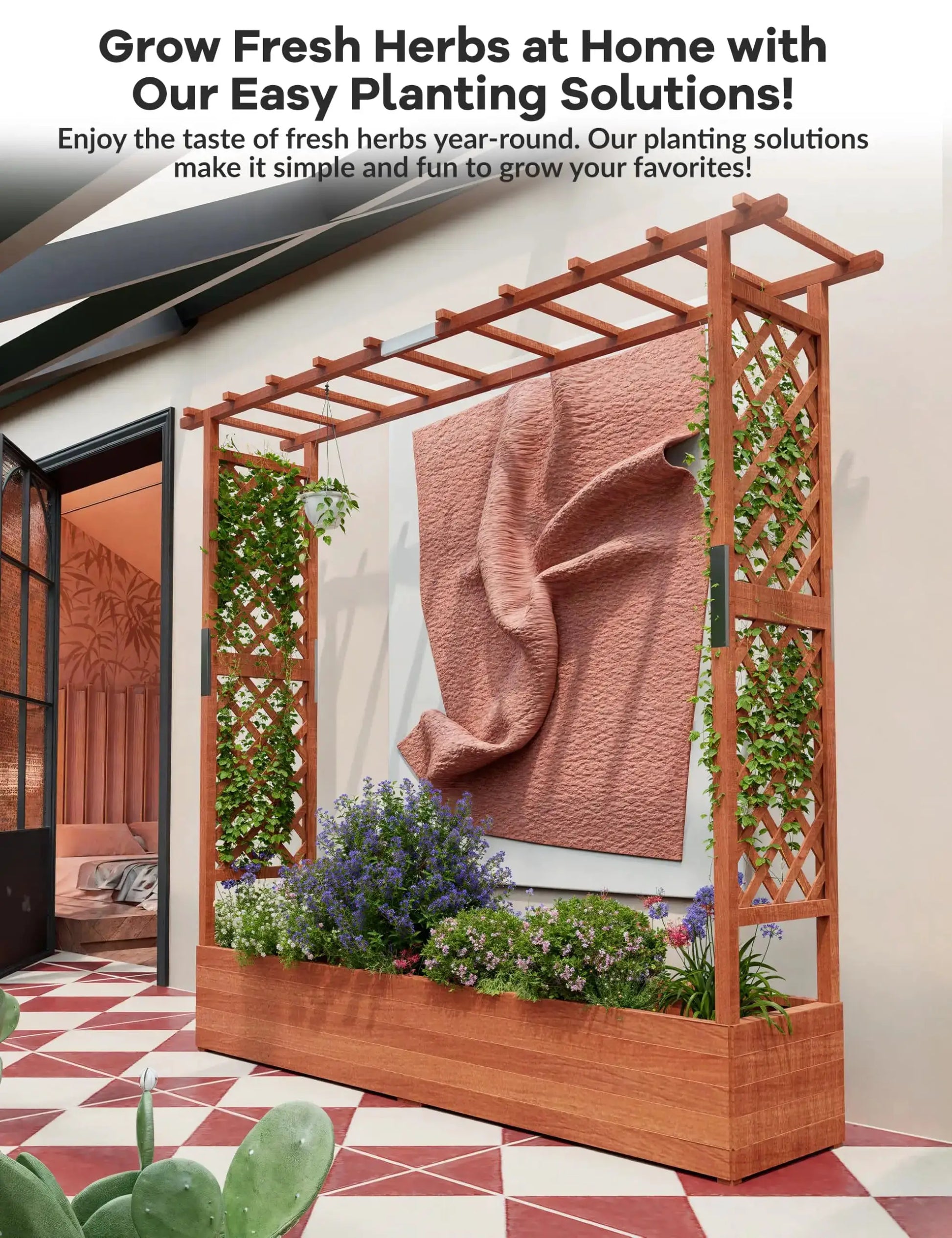 Elevated Wooden Raised Garden Bed with Trellis/Canopy/Drainage Hole Freestanding Planter Box for Climbing Plants Vines Blossoms from PriceLows™