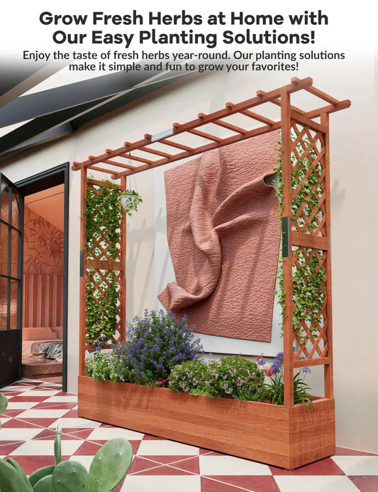 Elevated Wooden Raised Garden Bed with Trellis/Canopy/Drainage Hole Freestanding Planter Box for Climbing Plants Vines Blossoms from PriceLows™