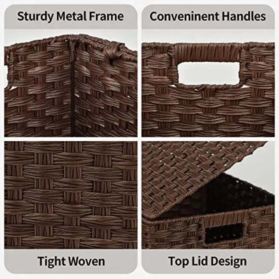 Wicker Baskets with Lids, Set of 3 Decorative Storage Boxes, Woven Basket for Organizing, Storage and Organizer Baskets from PriceLows™