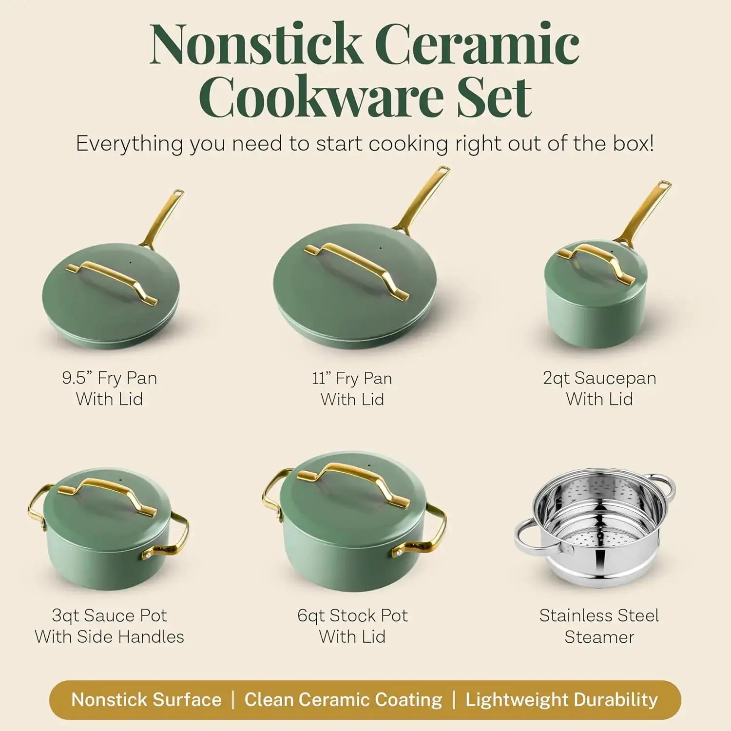 11 Pc Ceramic Cookware Set with Nonstick Coating, Induction Ready Pots and Pans with Steamer from PriceLows™