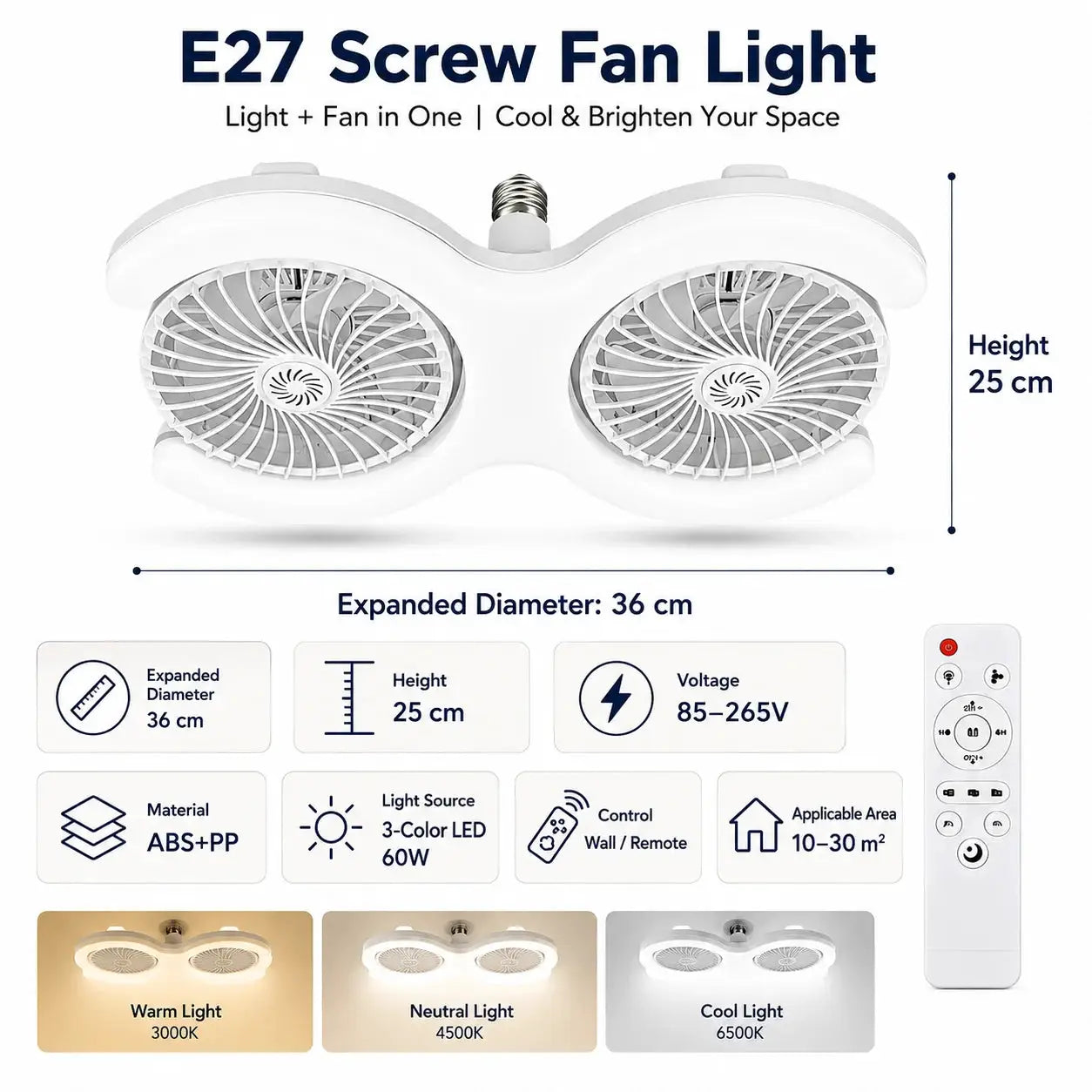 LED Ceiling Fan Light | 60W LED | Remote Control E27 Socket