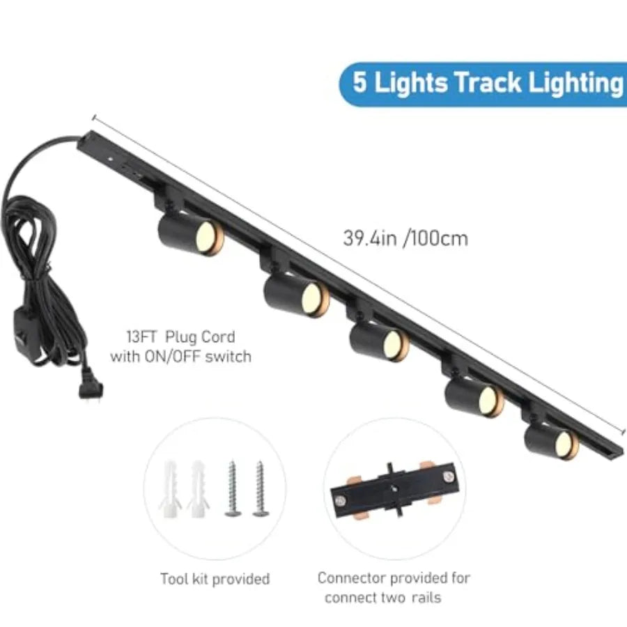 Plug in Track Lighting with Power Cord 5-Light LED Track Lighting Kit with 39in Rail Modern Kitchen GU10 Track Lighting Fixture from PriceLows™