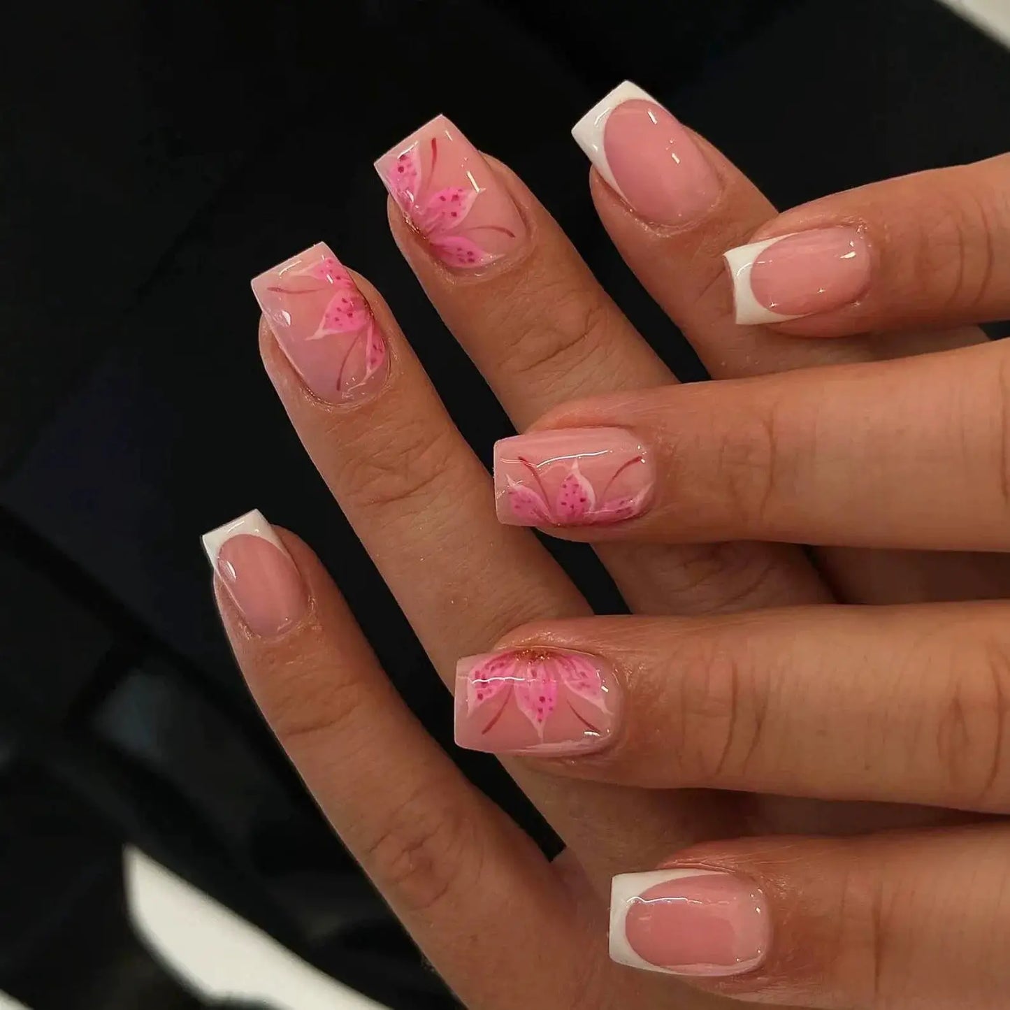 Press On Nails | Resin Coffin Shape | French Floral Print | 24 Pieces
