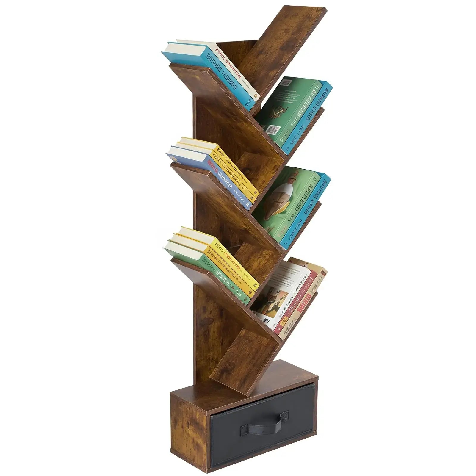 7 Tier Tree Bookshelf With Storage Drawer Floor Standing Bookcase For Books CDs Movies Brown from PriceLows™