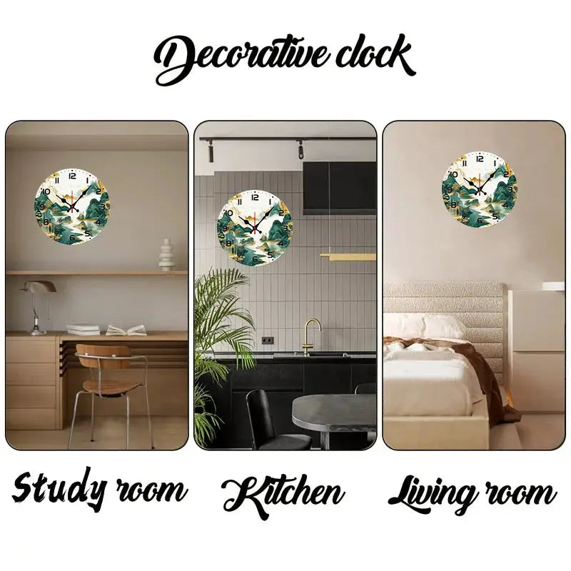 DIY 2D Flat Chinese Landscape Wooden Round Silent Hanging Wall Clock, Suitable For Living Room, Office, Study Room, Bedroom, Home from PriceLows™