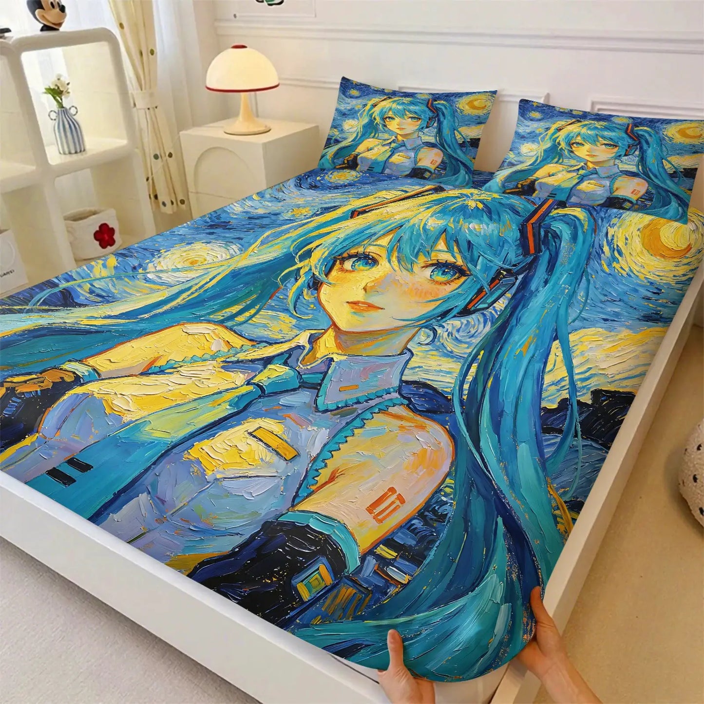 3Pcs Hatsune Miku Hanfu Style Fitted Sheet Set Ink Wash Anime Bed Cover with Pillowcases Deep Pocket Teens Fans Room Decor Gift from PriceLows™