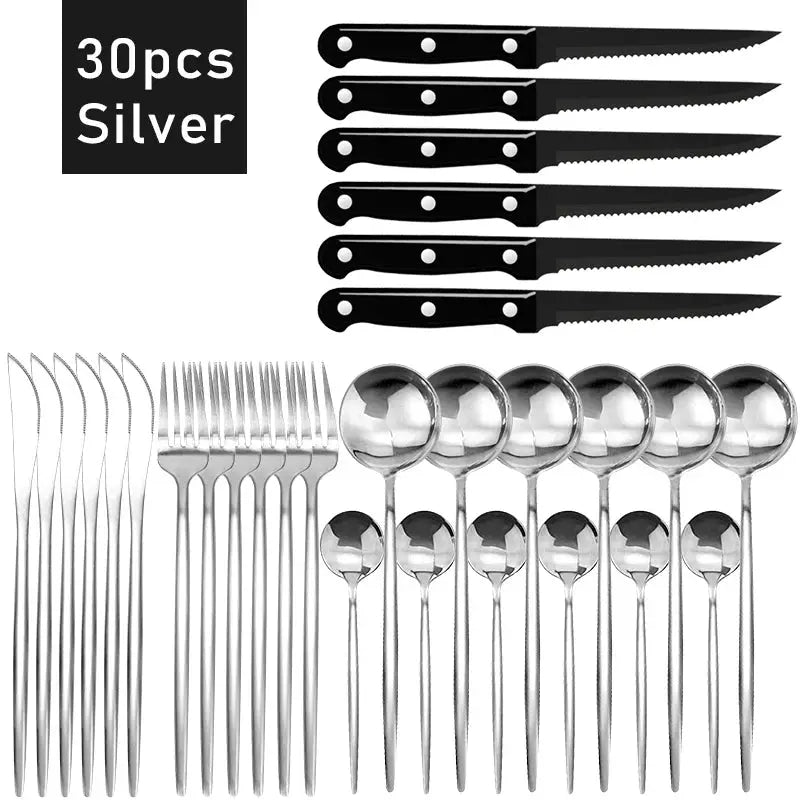30pcs Black Dinnerware Set Stainless Steel Steak Knife Fork Coffee Spoon Teaspoon Flatware Dishwasher Safe Kitchen Tableware Set from PriceLows™