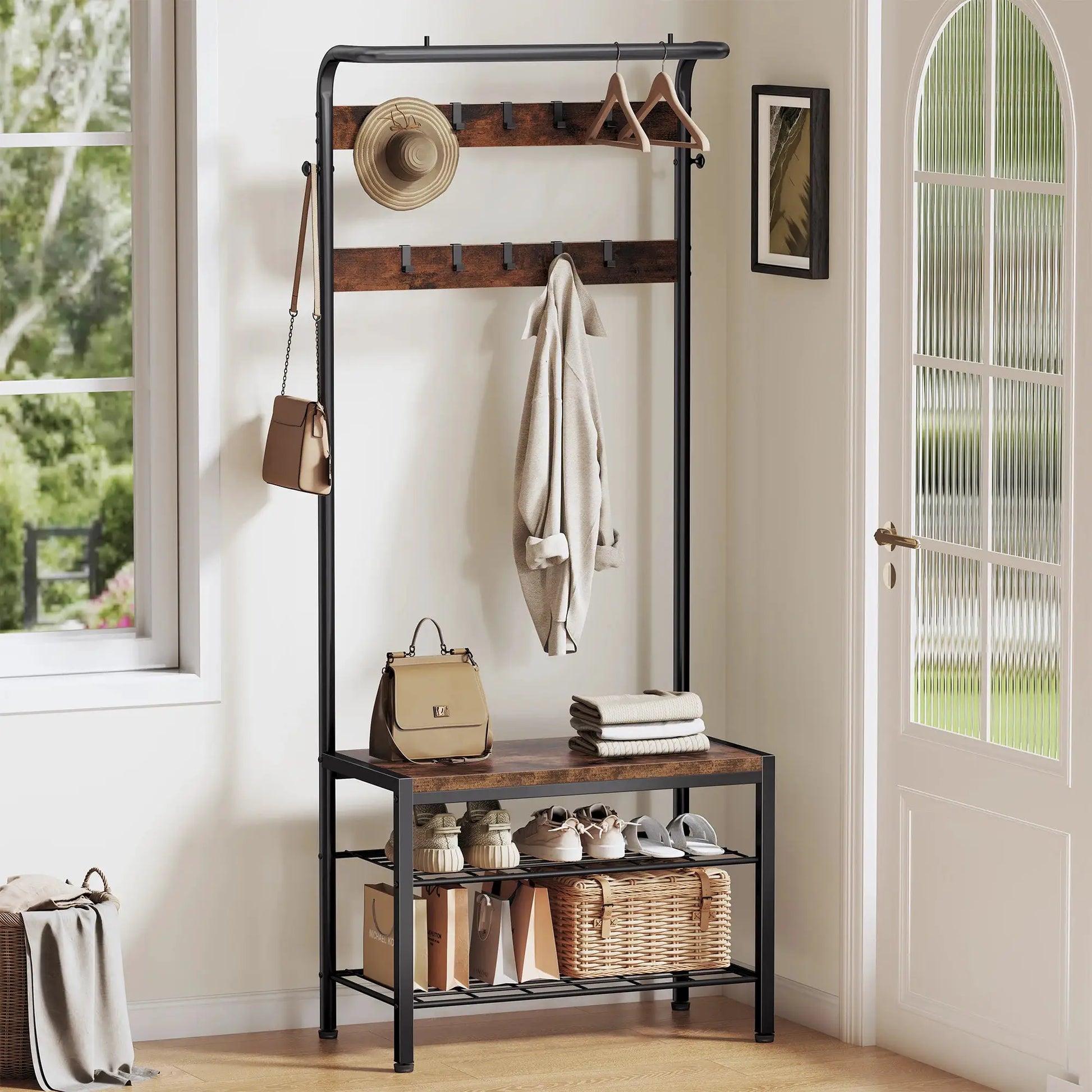 JHK 4-in-1 Coat Rack with Shoe Bench Entryway Bench with Shoe Storage Hooks Mudroom Storage Organizer with Shelves For Home from PriceLows™