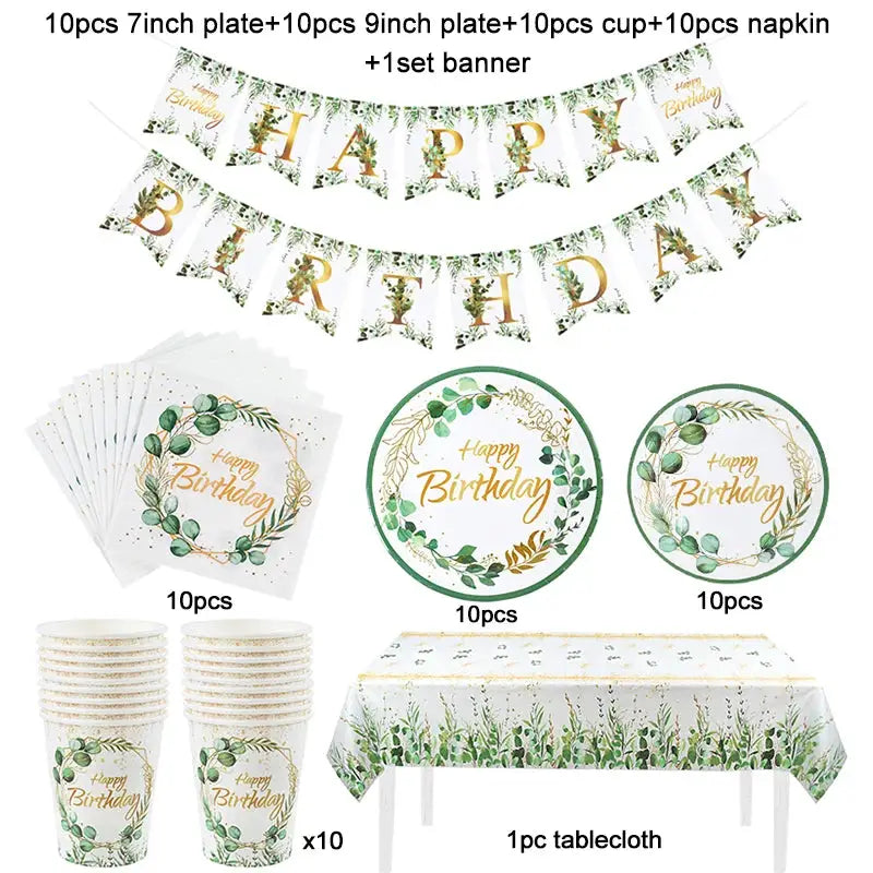 Eucalyptus Leaf Tableware Set | Paper Plate Cups Napkins | Kids And Adults Party Supplies