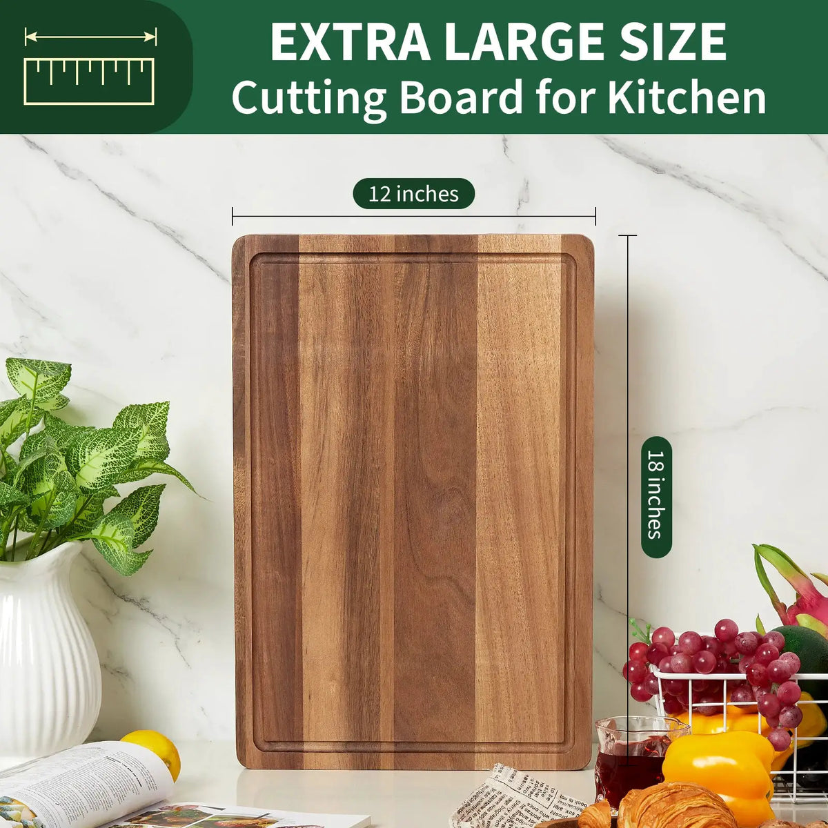 Extra Large Acacia Wood Cutting Board 18x12x1 in, Thick Butcher Block with Deep | Acacia Wood | Home Use | Home
