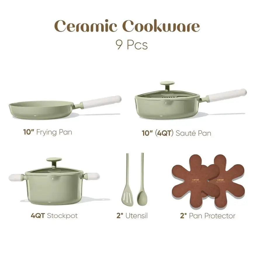 Pots and Pans Set Nonstick, Ceramic Cookware Set, Green Cooking Set Kitchen Induction Set with Steamer, PFAS PTFE Free,9 Piece from PriceLows™