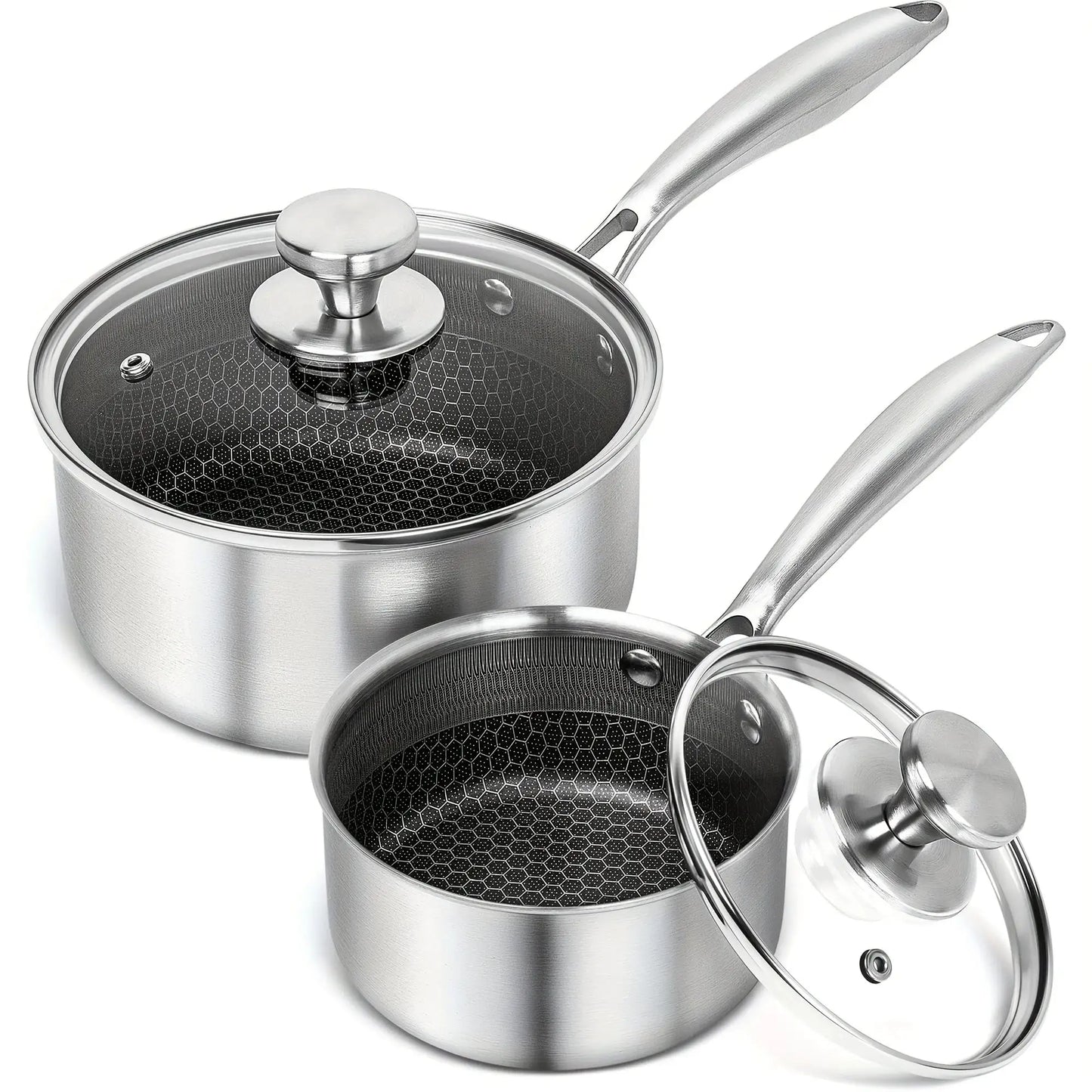 High-Quality Stainless Steel Cooking Pot Set, Featuring a Triple Layer Saucepan with Cover And a Honeycomb Lined Sauce Pot from PriceLows™
