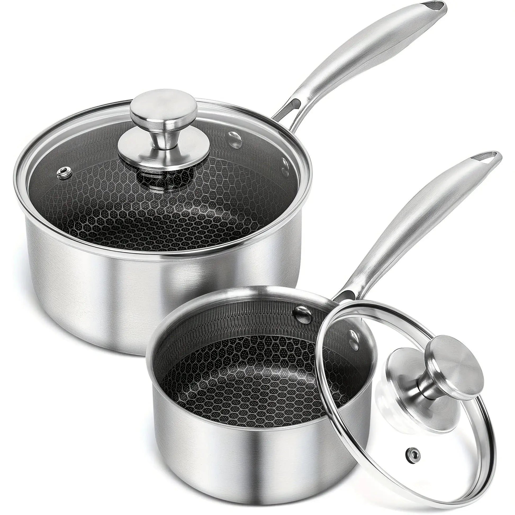 High-Quality Stainless Steel Cooking Pot Set, Featuring a Triple Layer Saucepan with Cover And a Honeycomb Lined Sauce Pot from PriceLows™