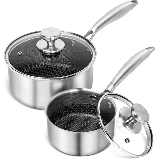 High-Quality Stainless Steel Cooking Pot Set, Featuring a Triple Layer Saucepan with Cover And a Honeycomb Lined Sauce Pot from PriceLows™