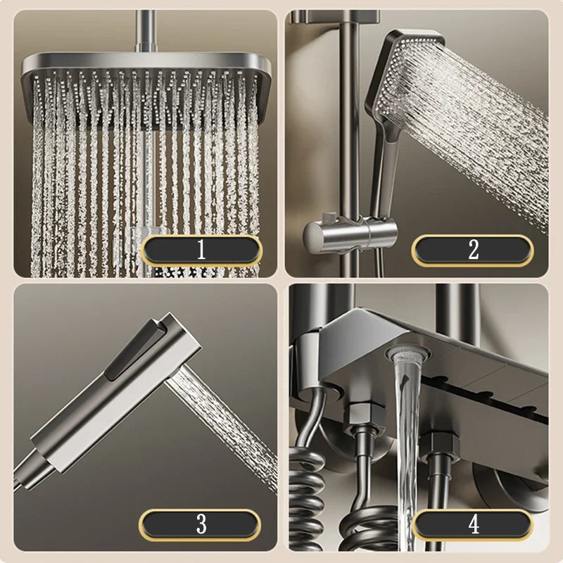 Shower Set | LED Display Brass | Bar Shape Polished | Black White Gray