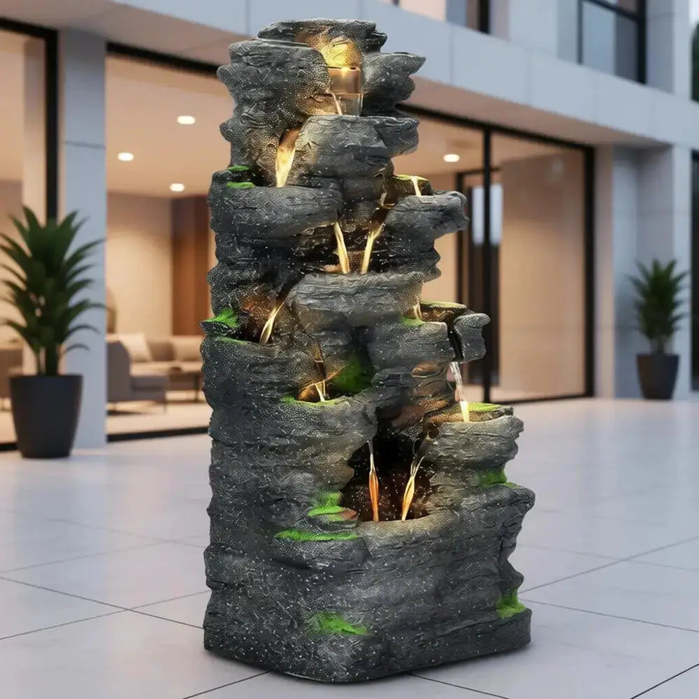 40 Outdoor Tiered Rock Waterfall Fountain with LED Lights for Patio and Garden Decor from PriceLows™