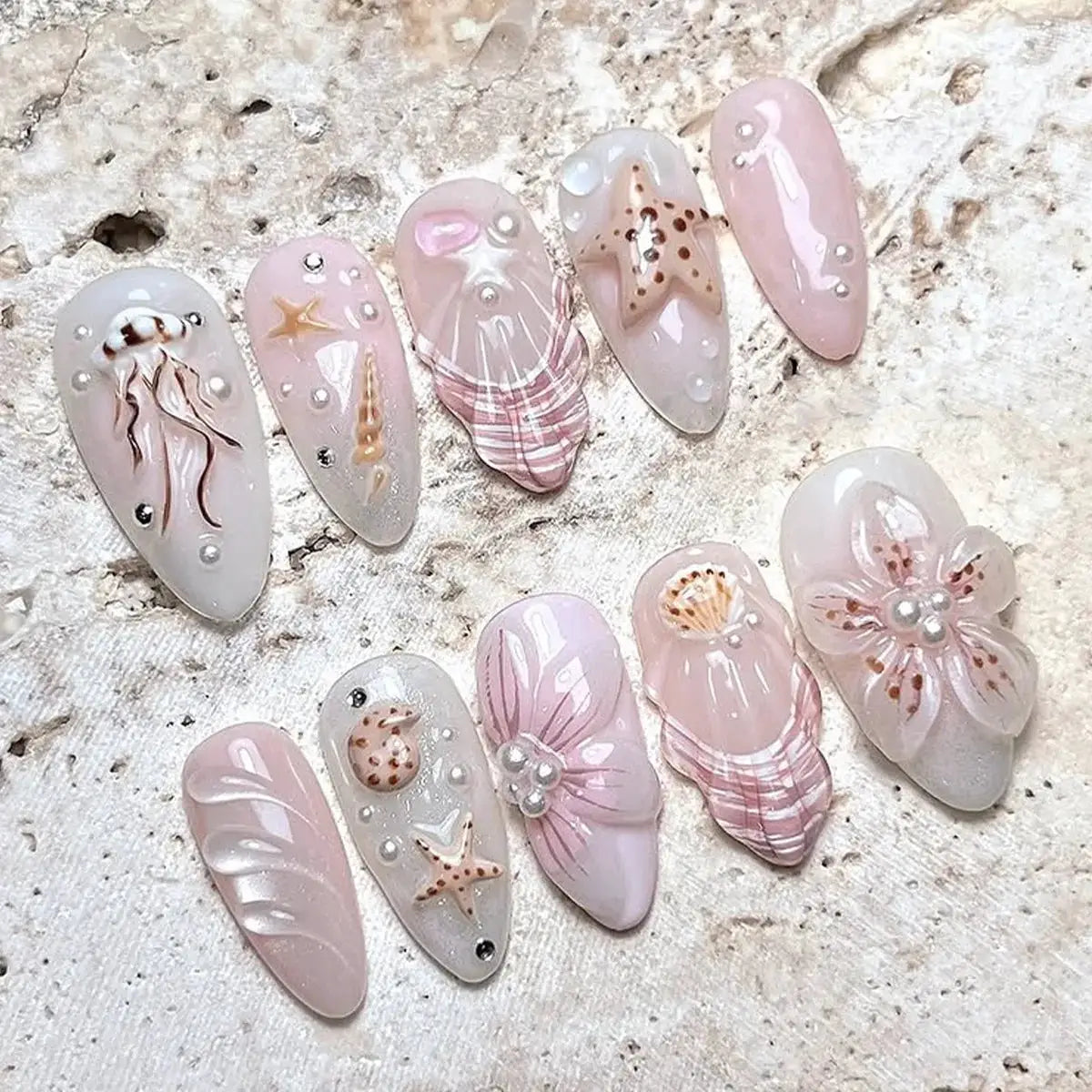Press On Nails | 3D Seashell Design | Almond Shape | 24 Piece Set