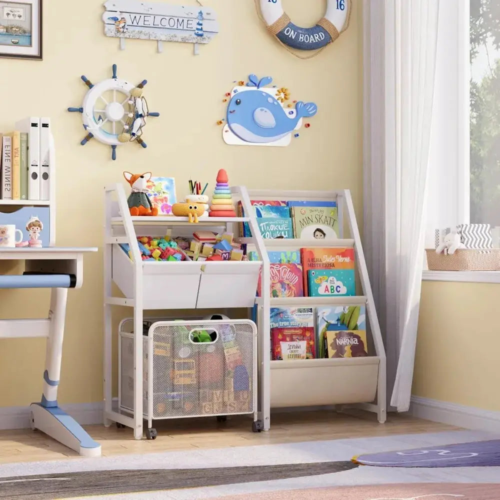 3-Tier Bookshelf with Toy Storage Bins and Drawer, White from PriceLows™