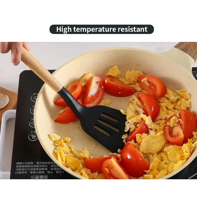 12-piece Wooden Handle Kitchenware Set Silicone Non-stick Cooking Spatula Baking Set with Storage Bucket from PriceLows™