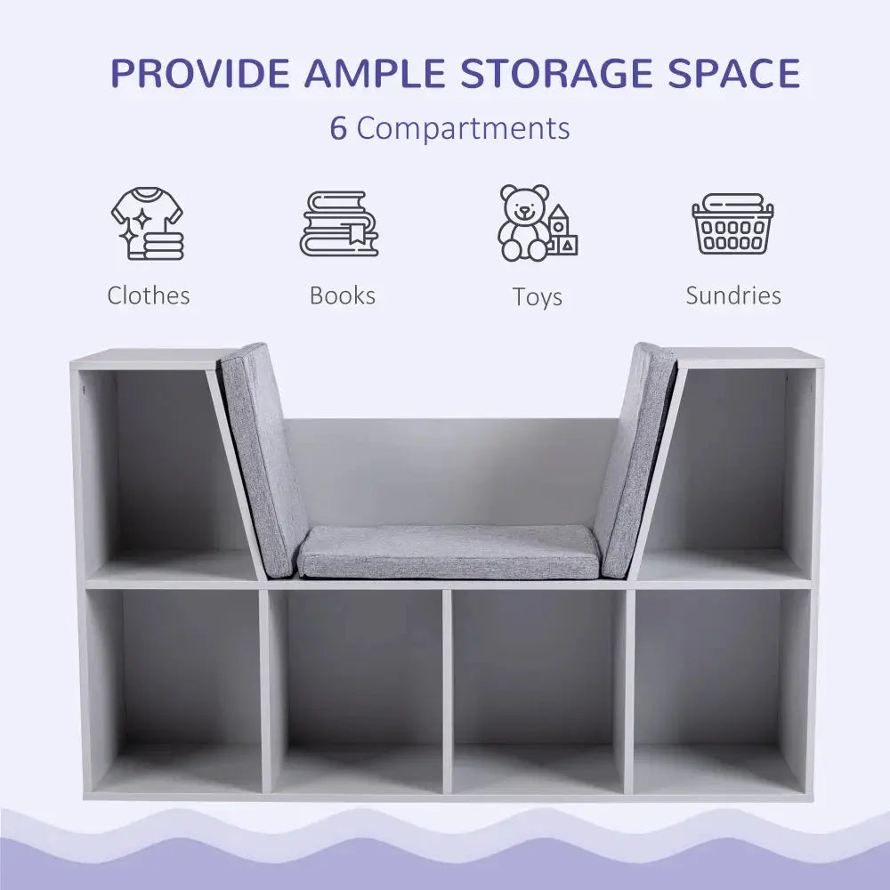 6-Cubby Kids Bookcase with Reading Nook and Cushion, Multi-Purpose Storage Organizer for Bedroom, Living Room, Grey from PriceLows™