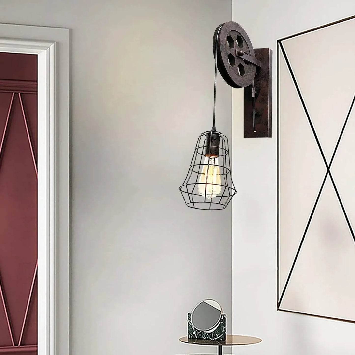 Industrial Wall Sconce Lights Lift Pulley Vintage Farmhouse Mid Century Wall Light with Iron Cage Lampshade for Indoor Lighting from PriceLows™
