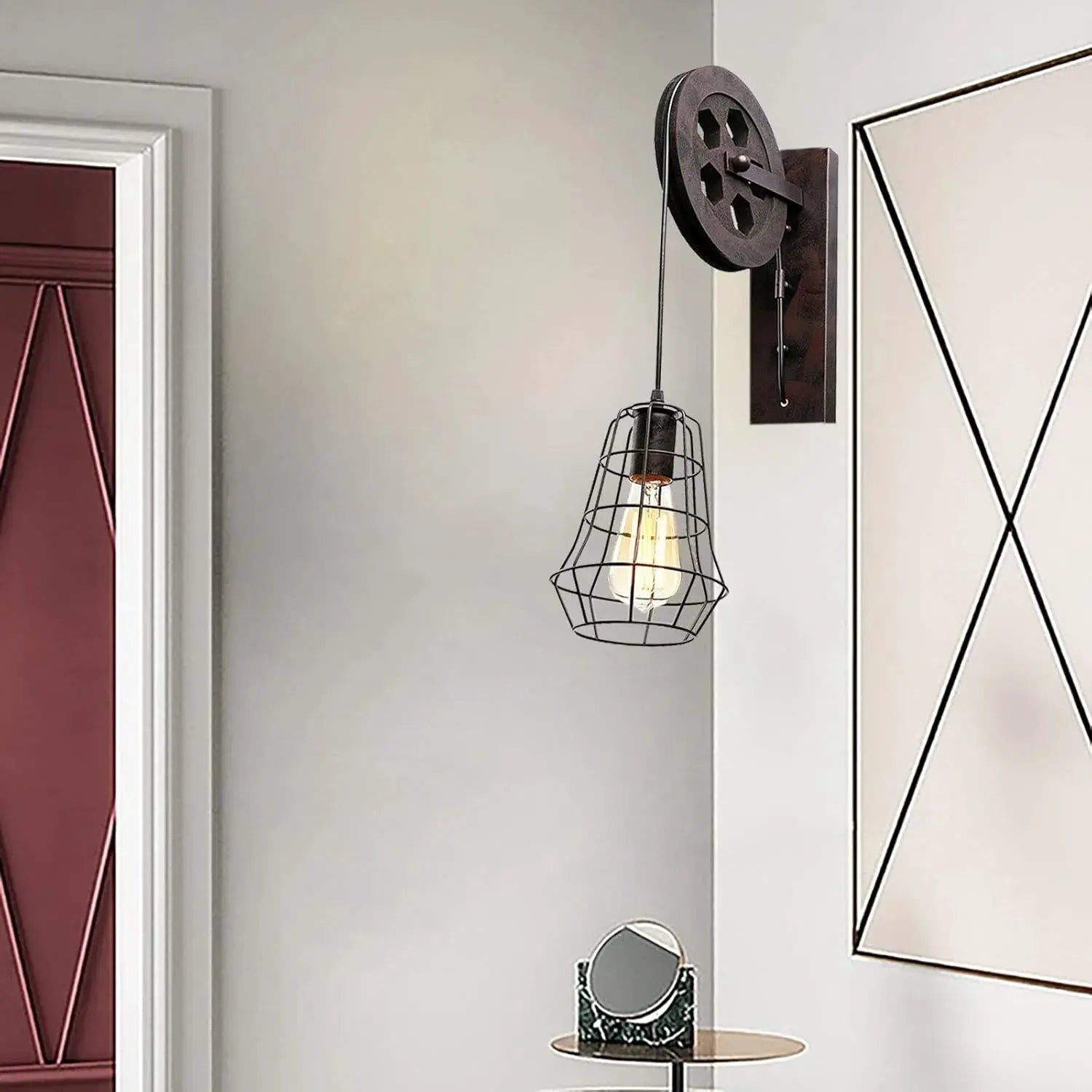 Industrial Wall Sconce Lights Lift Pulley Vintage Farmhouse Mid Century Wall Light with Iron Cage Lampshade for Indoor Lighting from PriceLows™