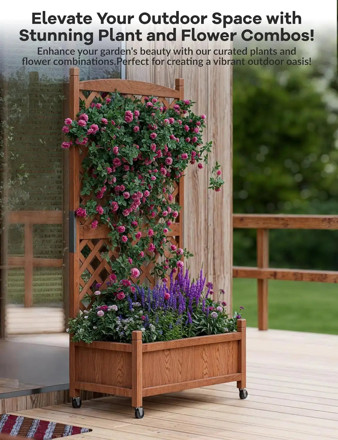 29.5" x 13"x 61.5" Wood Planter Box with Trellis for Plant & Flower, Raised Garden Bed with Wheels, Standing Vertical Ho from PriceLows™