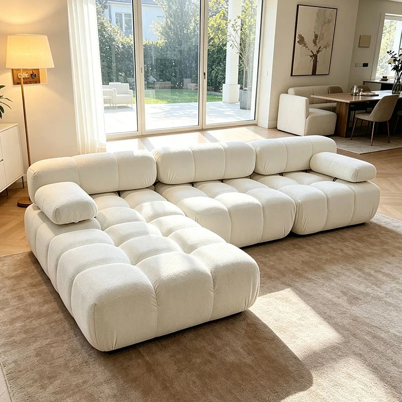 Sectional Sofa | Nordic Design White Fabric | Modular L-Shaped | With Armrests